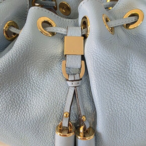 Michael Kors Camden Pebbled Leather Drawstring Bag Light Blue Tasseled Classic - Picture 11 of 12